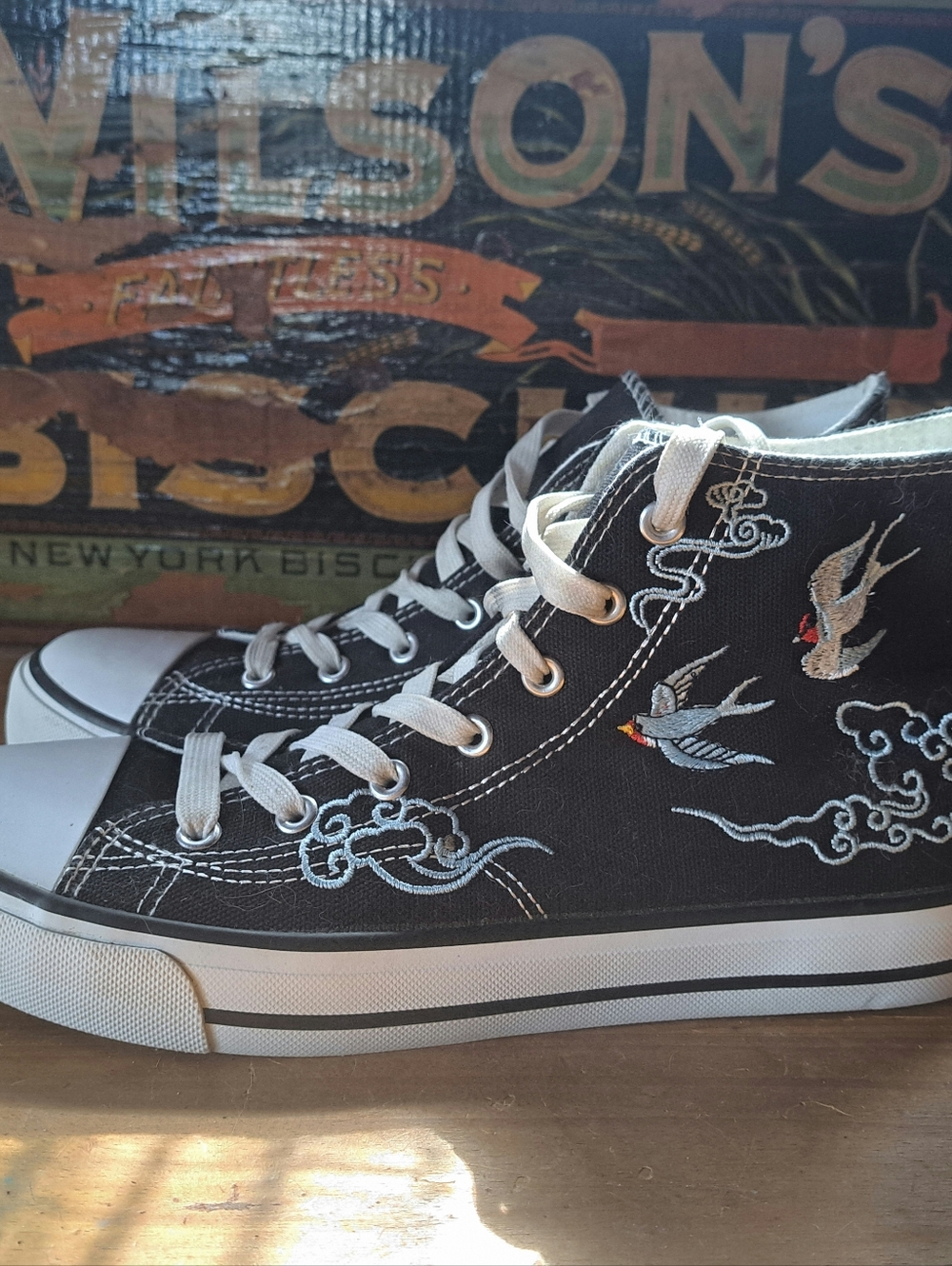 Embroidered Black Canvas High Top Sneakers, Women's Size 10, Flying Birds Clouds